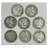 Eight Different Dated Barber Silver Dimes in Fine