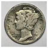1921-D Mercury Silver Dime Key Date Good G