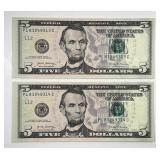 2017-A $5 FRN Pair Consecutive Serial Numbers CU