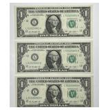 2013 $1 FRN Trio Consecutive Serial Numbers CU
