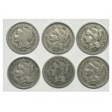 Six Different Three Cent Nickels 3cN Lot