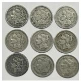 Nine Different Three Cent Nickels 3cN Lot