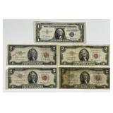 Lot of 5 Old Small Size $1 & $2 Currency Notes