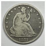 1875 Seated Liberty Silver Half Solid Good G+