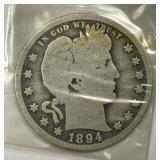 1894-O Barber Silver Quarter Good G
