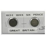 GREAT BRITAIN: 1834 & 1893 Silver 6 Pence Pair