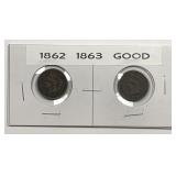1862 & 1863 Indian Head Cent Pair Good G