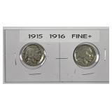 1915 & 1916 Buffalo Nickel Pair Fine F+