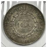 BRAZIL: 1860 Silver 1000 Reis AU