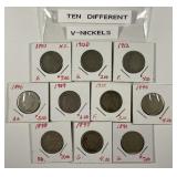 Ten Different Dated Liberty Head V Nickels