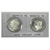 1879-S & 1882-S Morgan Silver $1 Prooflike Pair