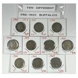 Ten Different Pre-1925 Buffalo Nickels