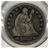 1853 Seated Liberty Silver Quarter A&R Fine F