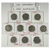 Ten Different San Francisco Mint Buffalo Nickels