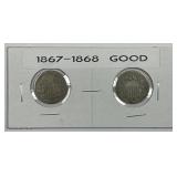 1867 & 1868 Shield Nickel Pair