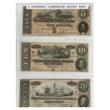3 Different Confederate Notes $5 $10 $20