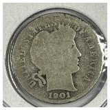 1901-S Barber Silver Dime About Good AG