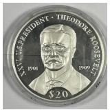 LIBERIA: 2000 Silver $20 Teddy Roosevelt  Proof