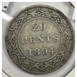 CANADA Newfoundland: 1894 Silver 20 Cents VF