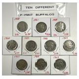 Ten Different Philadelphia Mint Buffalo Nickels