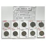 Ten 1938-D Nickels Mix of Buffalo & Jefferson