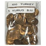 TURKEY: Lot of 100 Five Kurus BU