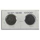 1837 & 1838 Coronet Head Large Cent Pair