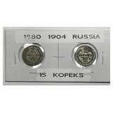 RUSSIA: 1880 & 1904 Silver 15 Kopeks Pair