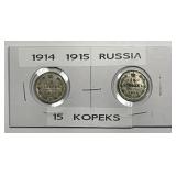 RUSSIA: 1914 & 1915 Silver 15 Kopeks Pair