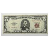 1963 $5 Red Seal Legal Tender US Note AA Block AU