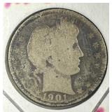 1901-O Barber Silver Quarter About Good AG