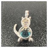 Sterling Silver Blue & Clear Stone Cat Pendant