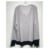 Grey Striped Henley Top with Contrast Cuffs