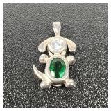 Sterling Silver Dog Pendant & Green Stone