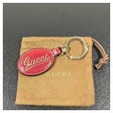 Gucci Red Leather Script Logo Keychain