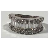 925 Sterling Silver Baguette & Round CZ Wide Ring