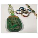 Vintage Jadeite Pendant & Cloisonne Ring Group
