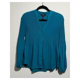 Alfani Teal Pleated Polyester Long Sleeve Blouse