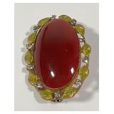 Vintage Red Glass Cabochon & Enamel Leaf Brooch