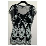 Karen Kane Black Mesh Top & Light Blue Embroidery