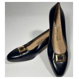 Salvatore Ferragamo Navy Leather Gold Buckle Pump