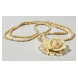 Vintage Carved Bone Rose Pendant & Beaded Necklace