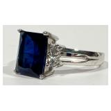 Sterling Silver Blue Topaz & CZ Emerald Cut Ring