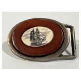 Vintage Faux Scrimshaw & Leather Sailing Ship