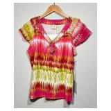 Caribbean Joe Pink Ikat Cotton V-Neck Beaded Top