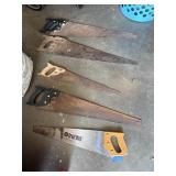 4 old saws and a miter and square saw