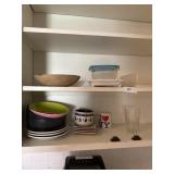 5 medium size plates, coffee cups, wooden bowls,