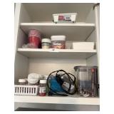 Plastic cups, containers and spices and mixer