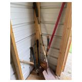 Tools- pruner, axe shoveans baseball bat