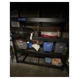 Black metal shelves about 6 by 7. Contents not